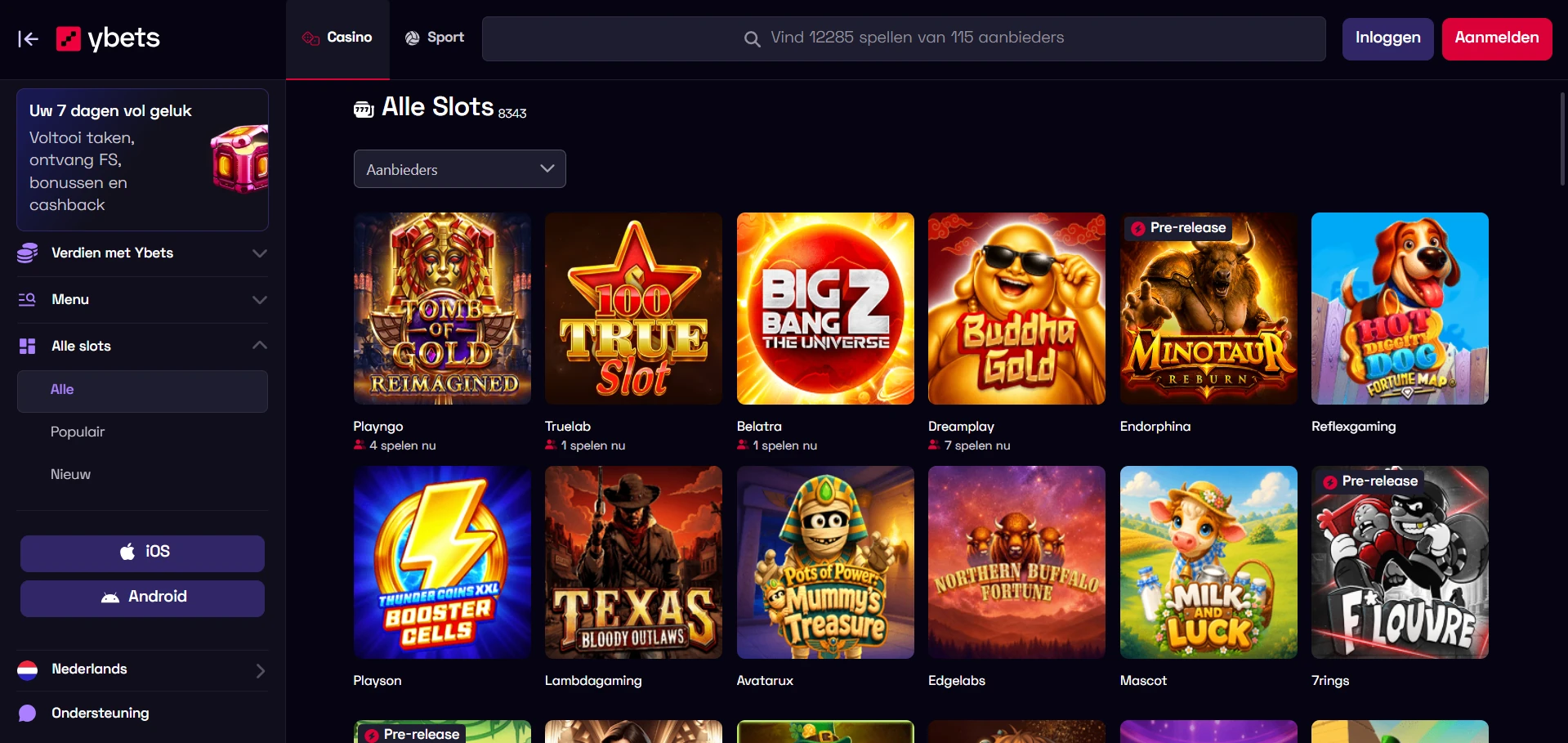 De spellenlobby van Ybets Casino