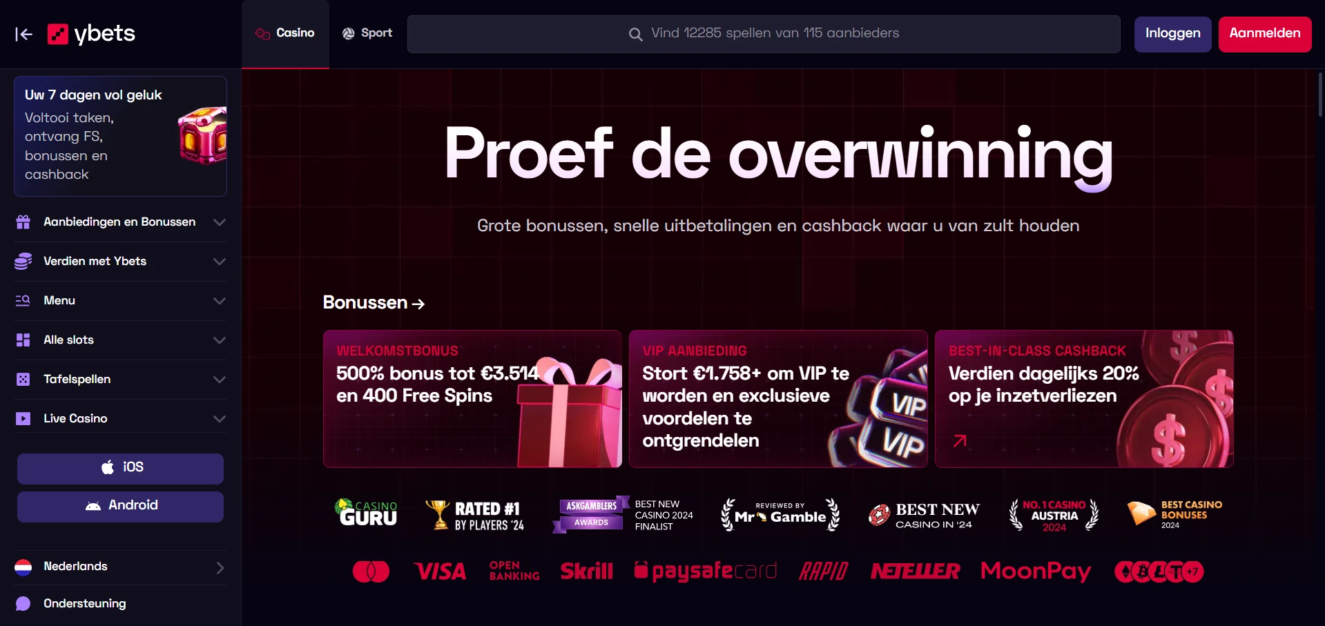 Voorpagina van het online casino Ybets